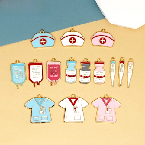 Zinc Alloy Medical Nurse Day Charms Oil Drip Nurse Hat Uniform IV Bag Pill Bottle Thermometer DIY Jewelry Making Pendant