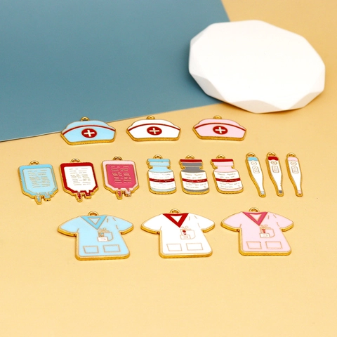 Zinc Alloy Medical Nurse Day Charms Oil Drip Nurse Hat Uniform IV Bag Pill Bottle Thermometer DIY Jewelry Making Pendant