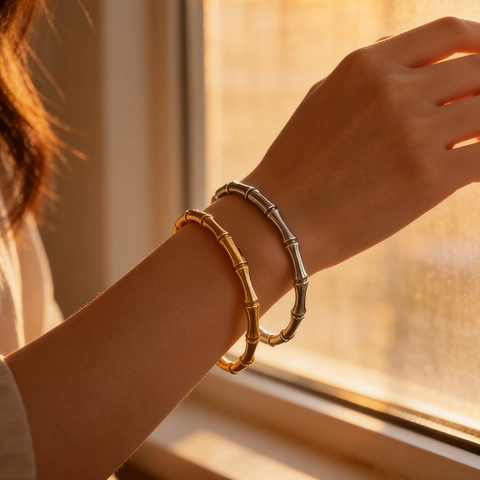 Elegante Bracciale A Nodo Di Bambù Acciaio Inossidabile Minimalista Lucido Cerniera Braccialetto Per Donne Placcato Oro 18K