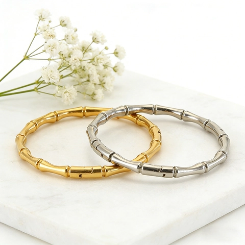 Elegante Bracciale A Nodo Di Bambù Acciaio Inossidabile Minimalista Lucido Cerniera Braccialetto Per Donne Placcato Oro 18K