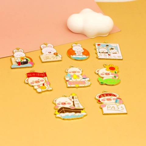 Cute Piggy Bunny Graduation Season Alloy Enamel Pendant DIY Accessories Student Good Luck Exam Keychain Jewelry Making Charms