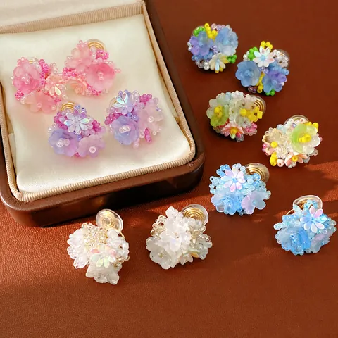 Sweet Handmade Resin Flower Beaded Clip-on Earrings Multicolor Floral Jewelry For Women Non Pierced Ears Lightweight Accessory