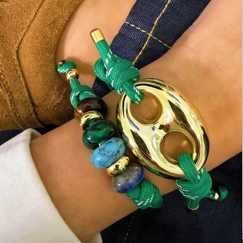 Bracelet Tressé en Pierre Naturelle Fait à la Main Double Couleur Rétro Maillon d'Ancre Bracelet en Cordon Design de Niche Bijoux Cadeau Unisexe