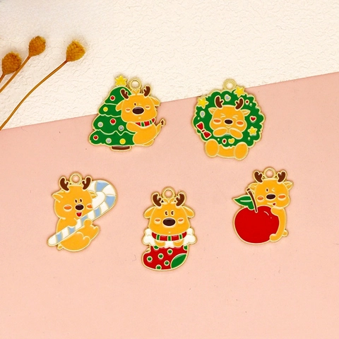 Christmas Cartoon Reindeer Alloy Enamel Pendants For DIY Jewelry Making Xmas Tree Wreath Candy Cane Stocking Apple Charms