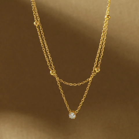 Collana A Doppio Strato In Acciaio Inossidabile Per Donna Placcata Oro Con Pendente In Zirconia E Perline Tonde