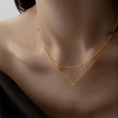 Collana A Doppio Strato In Acciaio Inossidabile Per Donna Placcata Oro Con Pendente In Zirconia E Perline Tonde