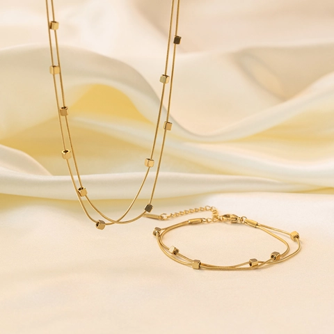 Collier Et Bracelet Double Couche En Acier Inoxydable Bijoux Minimalistes Avec Perles Cubiques Géométriques Pour Femmes