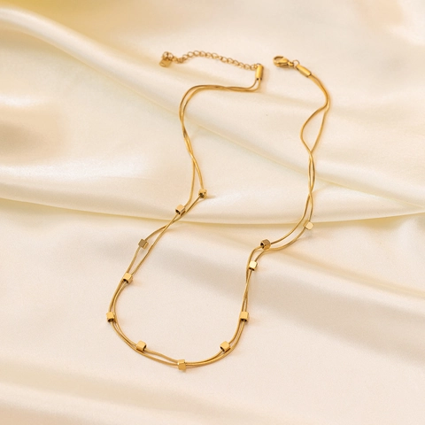 Collier Et Bracelet Double Couche En Acier Inoxydable Bijoux Minimalistes Avec Perles Cubiques Géométriques Pour Femmes