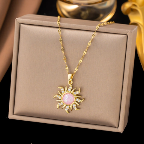 Gold Plated Titanium Steel Copper Necklace Sunflower Pendant Pink Faux Opal Zirconia Clavicle Chain Jewelry For Women