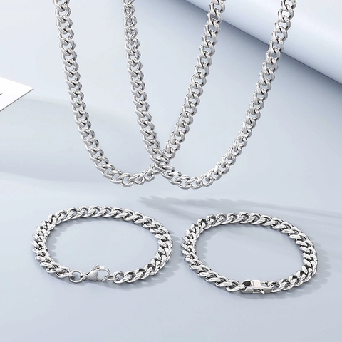 Conjunto de Collar y Pulsera de Cadena de Eslabones Cubanos de Acero Inoxidable Joyería Miami Curb para Hombres Mujeres Accesorio Pulido