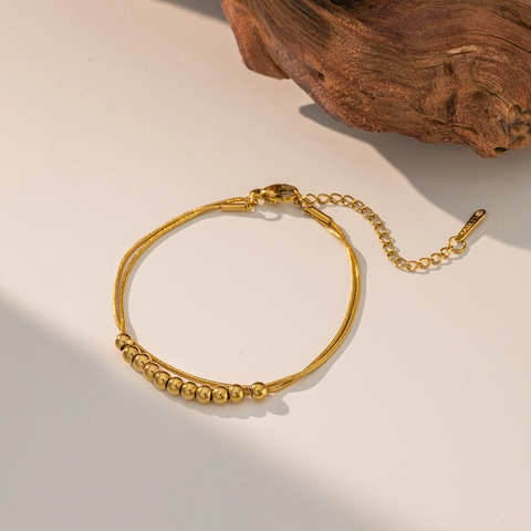 Layered Edelstahl Armband Fußkettchen Mit Runden Perlen 18K Vergoldet Schlangenkette Für Frauen Verstellbar