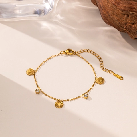 Gold Plated Stainless Steel Shell Bracelet With Zircon Ocean Style Vintage Jewelry For Women Adjustable Chain