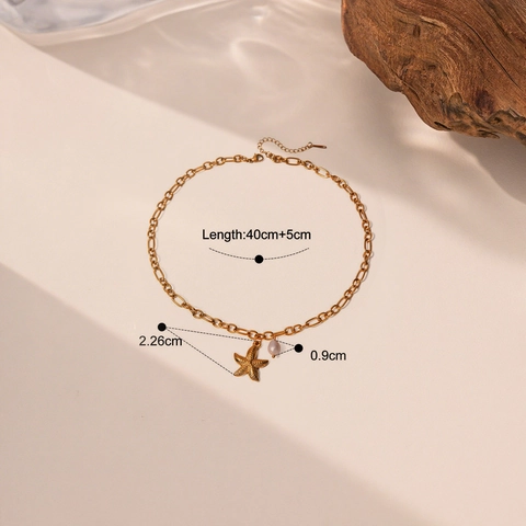 Starfish Artificial Pearl Pendant Necklace Titanium Steel Gold Color Ocean Beach Style Jewelry Accessories For Women