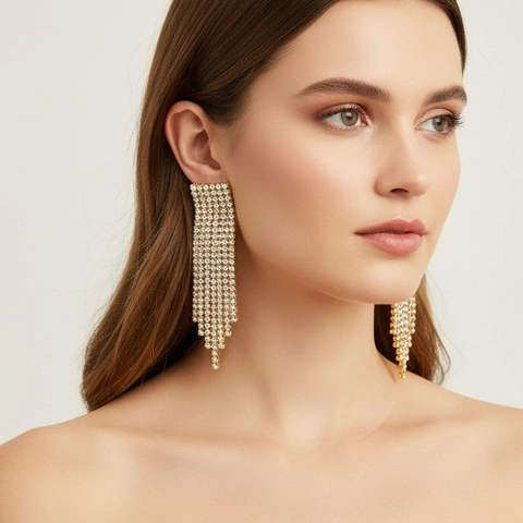 Luxurious 18K Gold Plated Stainless Steel Rhinestone Tassel Earrings For Women Ins Style High End Elegant Pave Diamond Dangle Ear Studs Jewelry