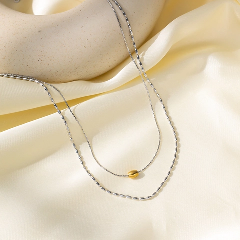 Collar De Doble Capa De Acero De Titanio Color De Contraste Oro Plata Dos Tonos Colgante De Perla Barril Cadena Clavícula