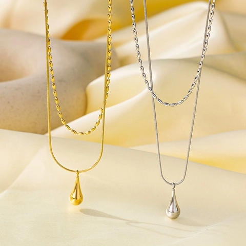 Collana A Doppio Strato Acciaio Al Titanio Pendente Goccia Dacqua Catena Serpente Gioielli Minimalisti Per Donne