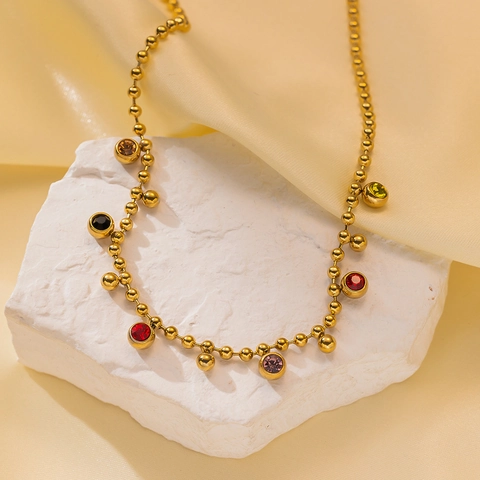 Vintage Edelstahl Vergoldete Kugelkette Halskette Mit Bunten Runden Strass Anhängern Für Damen Party Schmuck