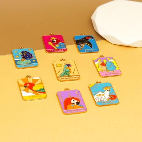 Cartoon Parrot Tarot Card Enamel Pendants Zinc Alloy Charms For DIY Jewelry Making Keychain Backpack Decoration