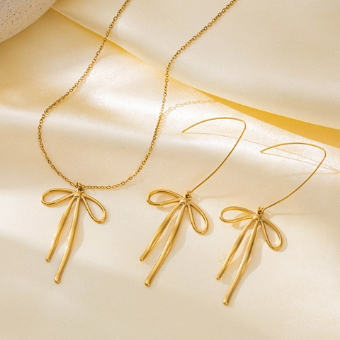 Fashion Bowknot Ribbon Necklace And Earrings 18K Gold Plated Stainless Steel Polished Minimalist Jewelry For Women