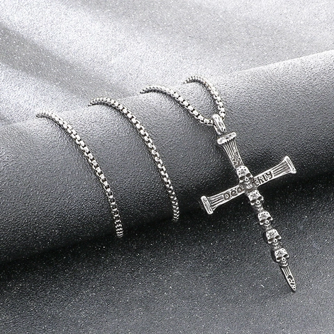 Gothic Titanium Steel Cross Skull Pendant Necklace For Men Vintage Distressed Dagger Cross Whistle Pendant Punk Dark Jewelry