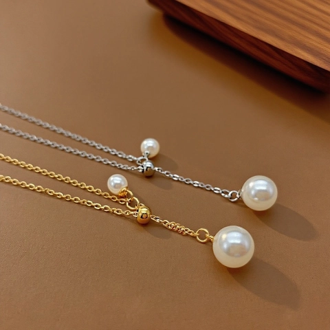 French Elegant Y-Shaped Lariat Necklace Titanium Steel Adjustable Simulated Artificial Pearl Drop Chain For Women Minimalist Jewelry