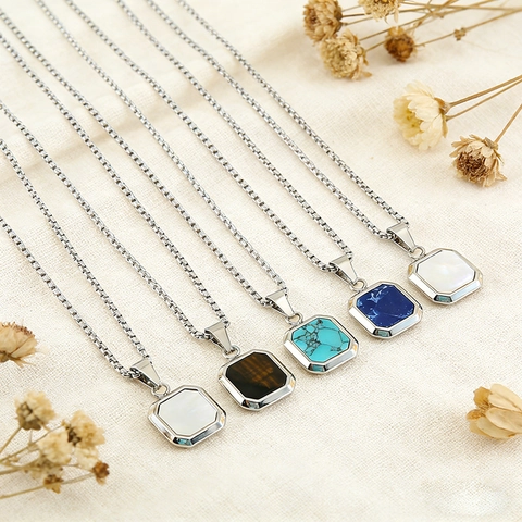 Octagonal Geometric Pendant Necklace Stainless Steel With Inlaid Shell Blue Turquoise Sandstone Jewelry For Men Women