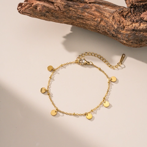 Bracelet De Cheville À Charme De Disque À Paillettes Rondes En Acier Titane Chaîne De Pied Or Élégante