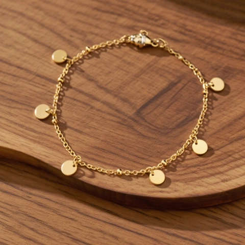 Bracelet De Cheville À Charme De Disque À Paillettes Rondes En Acier Titane Chaîne De Pied Or Élégante