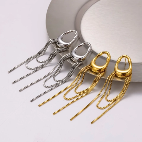 Modische Edelstahl Quasten Kette Ohrringe Für Damen High End Geometrische Unregelmäßige Oval Loop Lange Hängeohrringe Eleganter Schmuck