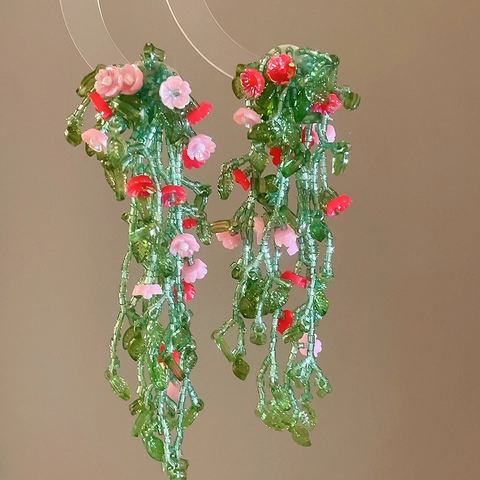 Handmade Summer Forest Style Flower Leaf Tassel Glass Earrings For Women Light Luxury Vacation Fashion Jewelry Accessory