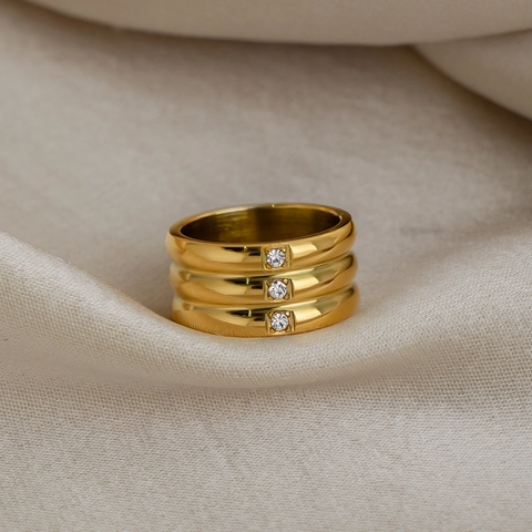 Layered Wide Band Ring 18K Gold Plated Stainless Steel With Zircon Inlay Waterproof Hypoallergenic Minimalist Jewelry