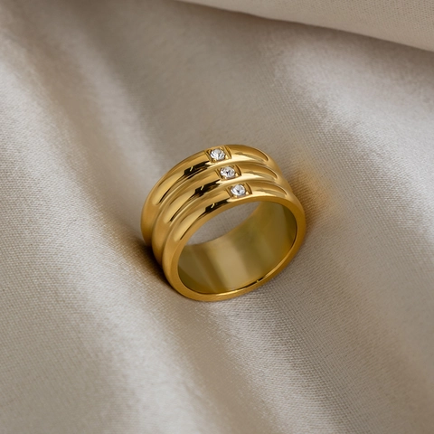 Layered Wide Band Ring 18K Gold Plated Stainless Steel With Zircon Inlay Waterproof Hypoallergenic Minimalist Jewelry