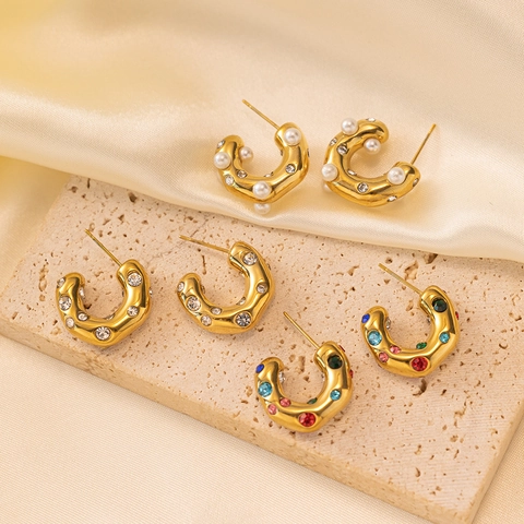 Orecchini A Cerchio A Forma Di C In Acciaio Inossidabile Placcato Oro 18K Con Zirconia E Perla Artificial Geometrici Per Donna