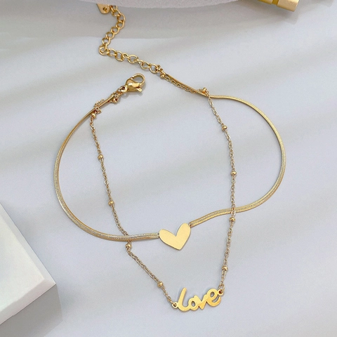 Tobillera de Doble Capa con Colgante de Corazón Love para Mujer Acero de Titanio Chapado en Oro Cadena de Serpiente Joyería de Pies