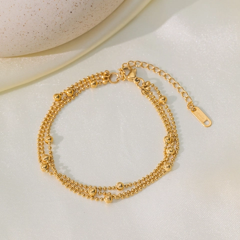 Bracelet Multi Rangs En Acier Inoxydable Plaqué Or 18K Perles Gland Bijoux Élégants Réglables Pour Femmes