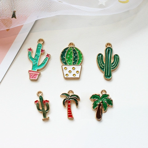 Korean Style Alloy Dripping Oil Tropical Plant Cactus Coconut Tree Charms For DIY Jewelry Making Accessories Pendants Green