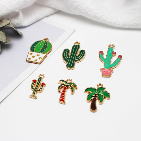Korean Style Alloy Dripping Oil Tropical Plant Cactus Coconut Tree Charms For DIY Jewelry Making Accessories Pendants Green