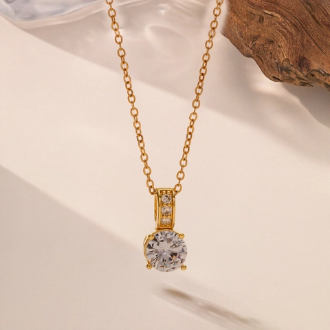 Collana Pendente Rame Zircone Scintillante Taglio Rotondo Gioielli Per Donne Catena Di Clavicola Elegante Stile Coreano