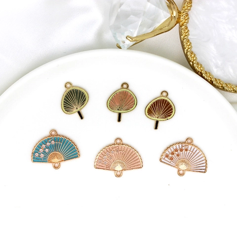 Alloy Enamel Fan Shaped Pendant For DIY Jewelry Making Chinese Style Floral Folding Fan Round Fan Decorative Charms