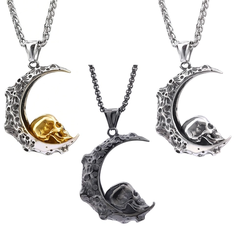 Gothic Edelstahl Anhänger Halskette Vintage Herz Edelstein Flügel Kreuz Schwert Sichelmond Totenkopf Punk Schmuck