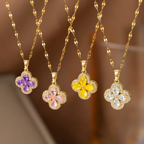 Collier Pendentif Trèfle À Quatre Feuilles Acier Inoxydable Avec Cuivre Zircon Bijoux À Fleurs De Luxe Légers Pour Femmes