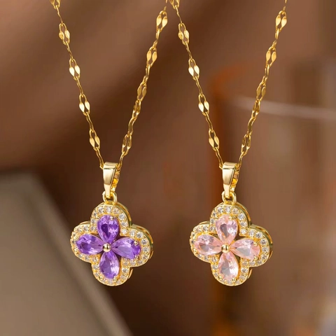 Collier Pendentif Trèfle À Quatre Feuilles Acier Inoxydable Avec Cuivre Zircon Bijoux À Fleurs De Luxe Légers Pour Femmes