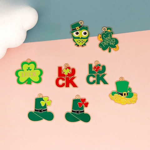 St Patrick's Day DIY Alloy Enamel Shamrock Leprechaun Hat Charm Pendant Lucky Clover Luck Letter Owl Jewelry Accessory