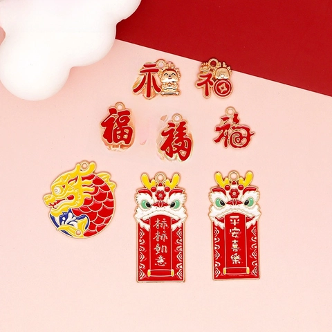 Chinese Zodiac Dragon Fu Character Enamel Drip Zinc Alloy Charms For DIY Jewelry Making Keychain Bag Decoration Accessories