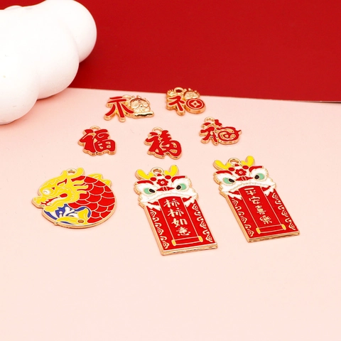 Chinese Zodiac Dragon Fu Character Enamel Drip Zinc Alloy Charms For DIY Jewelry Making Keychain Bag Decoration Accessories