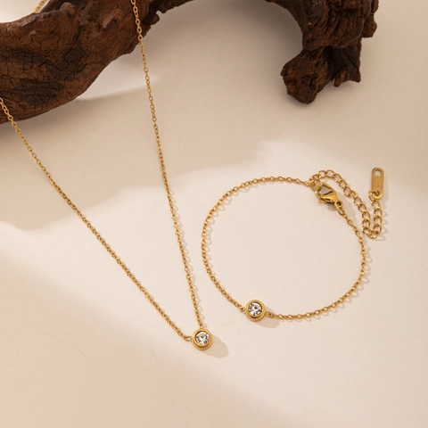 Titan Edelstahl Einzelner Diamant Halskette Armband Ohrringe Fußkette Set Für Damen Minimalist Gold Zirkonia Schmuck
