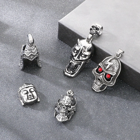 Stainless Steel Dark Gothic Skull Pendant Necklace Punk Viking Warrior Helmet Demon Mask Red Rhinestone Hip Hop Jewelry For Men