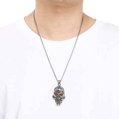 Stainless Steel Dark Gothic Skull Pendant Necklace Punk Viking Warrior Helmet Demon Mask Red Rhinestone Hip Hop Jewelry For Men