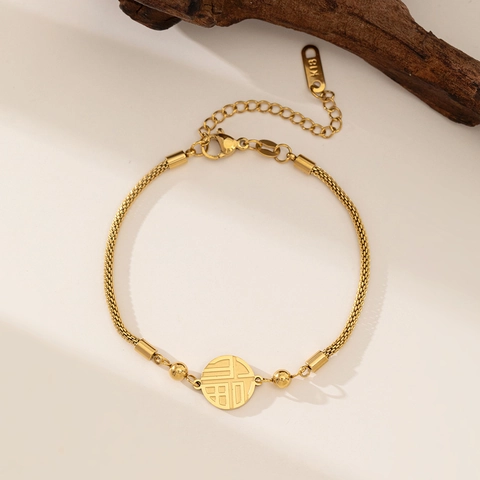 Armband Titanstahl 18K Vergoldet Fu Charakter Kreisanhänger Maschengewebe Kette Chinesischen Stil Vintage Elegant Accessoire