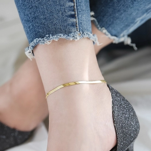 Women Stainless Steel Flat Snake Chain Anklet Vacuum Gold Plated Herringbone Foot Jewelry Minimalist Adjustable Anklet